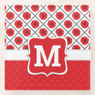 Shabby Chic Rot, Schwarz & Weiß Mohn Monogramm Glasuntersetzer