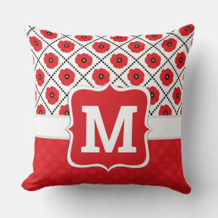 Shabby Chic Rot, Schwarz & Weiß Mohn Monogramm Kissen