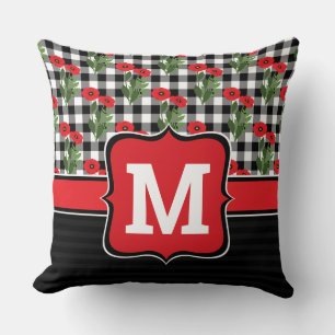 Shabby Chic Rot, Schwarz & Weiß Mohn Monogramm Kissen