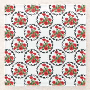Shabby Chic Rot, Schwarz & Weiße Mohnblumen Blumen Glasuntersetzer