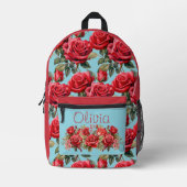 Shabby Chic Rote Rosen Blauer Hintergrund Bedruckter Rucksack (Vorderseite)