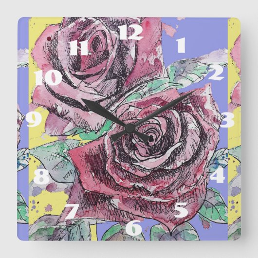 Shabby Chic Rote Rosen Rose Kunst Ladys Zimmeruhr Quadratische Wanduhr (Vorderseite)