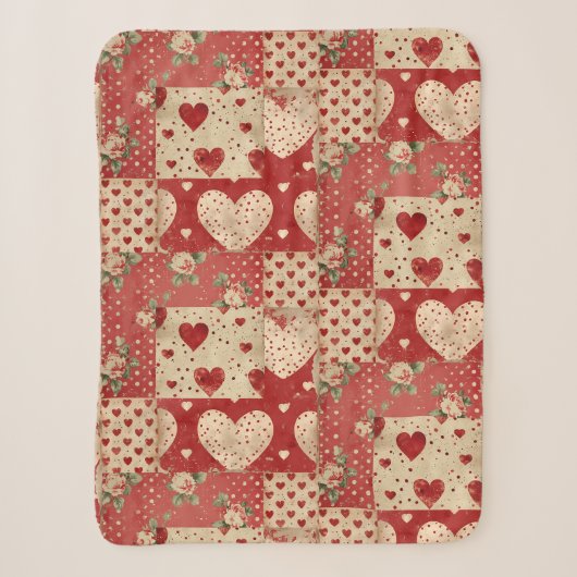 Shabby Chic rotes Patchworkmuster Sherpadecke (Vorderseite)