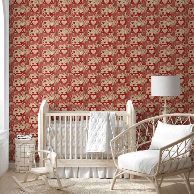 Shabby Chic rotes Patchworkmuster Tapete (Kinder)