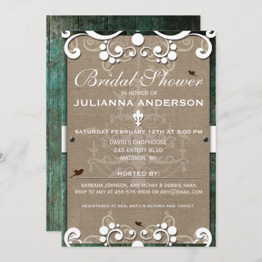 Shabby Chic Rustic Burlap Brautparty Einladung (Vorne/Hinten)