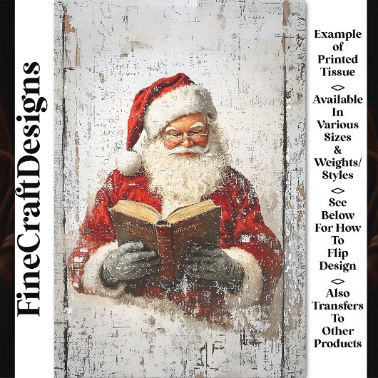 Shabby Chic Santa Reading auf Holz AY8 Decoupage Seidenpapier