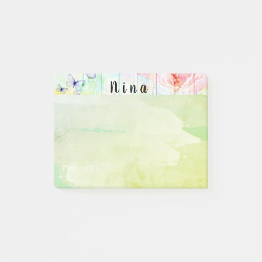 Shabby Chic Schmetterlinge und Rose auf rustikalem Post-it Klebezettel (Vorderseite)