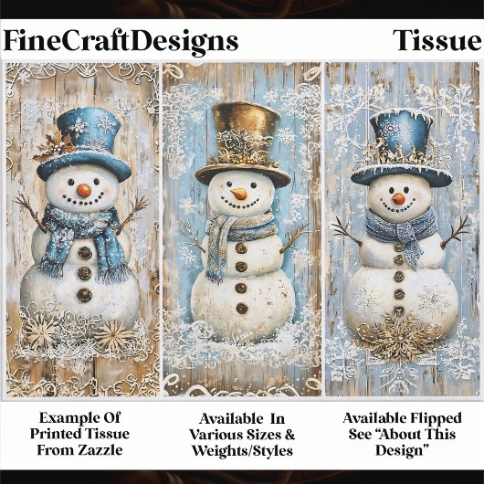 Shabby Chic Snowmen Blue Gold EL8R Decoupage Seidenpapier