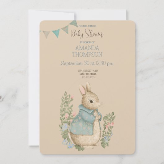 Shabby Chic Spring Rabbit Baby Dusche Einladung (Vorderseite)