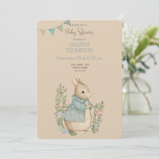 Shabby Chic Spring Rabbit Baby Dusche Einladung (Stehend Vorderseite)