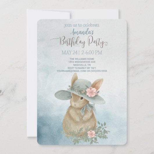 Shabby Chic Spring Rabbit Birthday Einladung (Vorderseite)