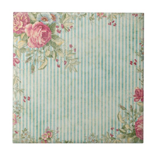 Shabby Chic-Streifen u. Rosen-Keramik-Fliesen Fliese (Vorderseite)