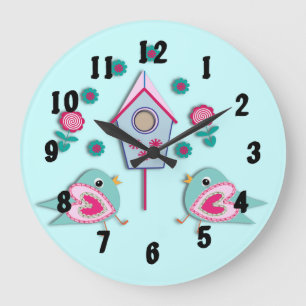 Shabby Chic Style Birds Blume Bild Rosa Aquamarin Große Wanduhr
