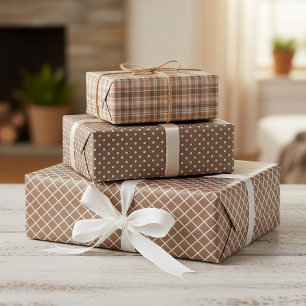 Shabby Chic Tan Beige Taupe Braun Karomuster Geschenkpapier Set