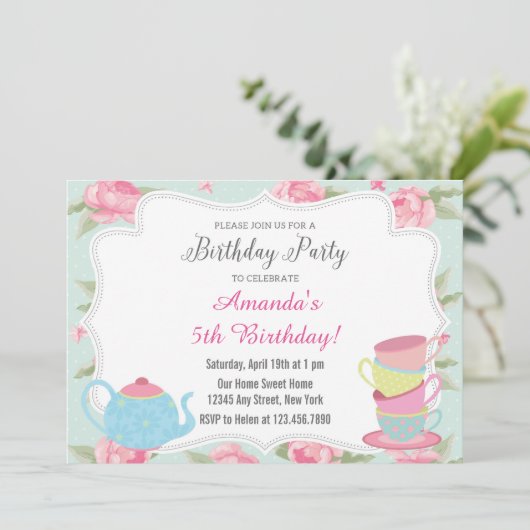 Shabby Chic Tea Party Geburtstag Einladung (Stehend Vorderseite)