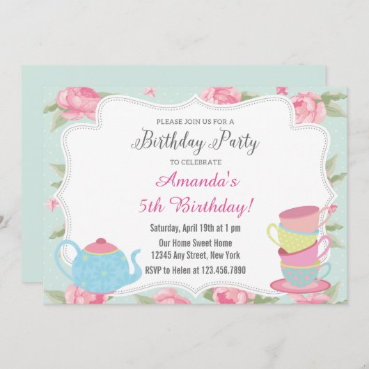 Shabby Chic Tea Party Geburtstag Einladung (Vorne/Hinten)