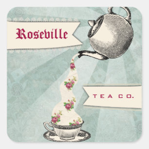 Shabby-Chic-Teekanne, die Rosen in eine Teetasse g Quadratischer Aufkleber