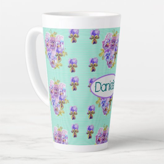 Shabby Chic Turquoise Aqua Pansy Blumenlatte Milchtasse (Linke Ecke)