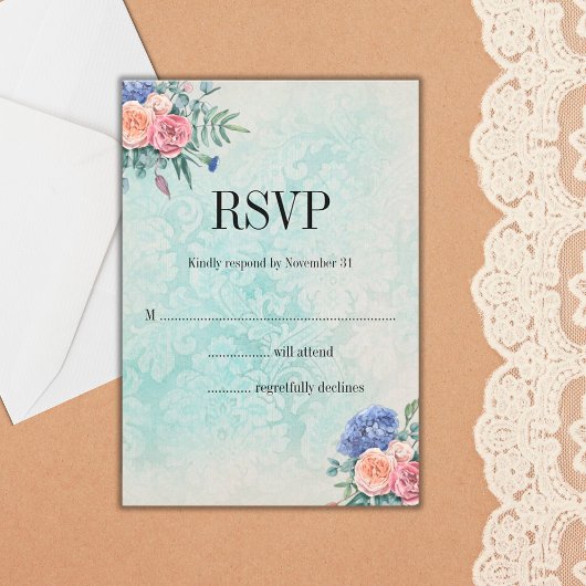 Shabby Chic verblasste Tapete und Blumenhochzeit RSVP Karte