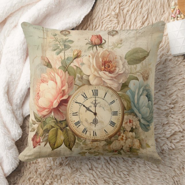 Shabby Chic Vintag Blush Blue Rose Blumenuhr Kissen (Decke)