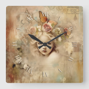Shabby Chic Vintag Girl Quadratische Wanduhr