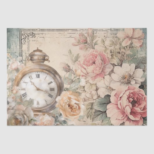 Shabby Chic Vintag Rosa Rosen Antike Uhr Seidenpapier (Vorderseite)