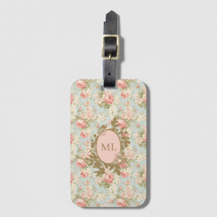 Shabby Chic Vintag rosa Rosen Floral Monogramm Gepäckanhänger