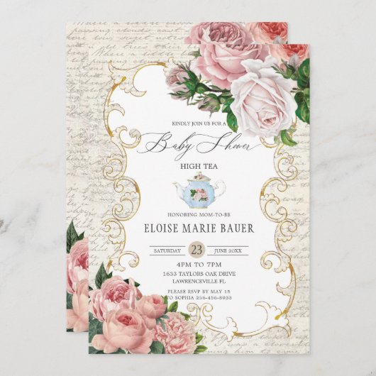 Shabby Chic Vintage Französische Rose Babydusche I Einladung (Vorne/Hinten)