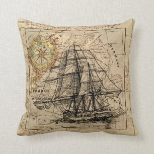 Shabby Chic Vintage Karte Schiff Nautical Kissen