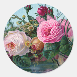 Shabby Chic Vintage Rosa & Weiße Rosen Floral Runder Aufkleber