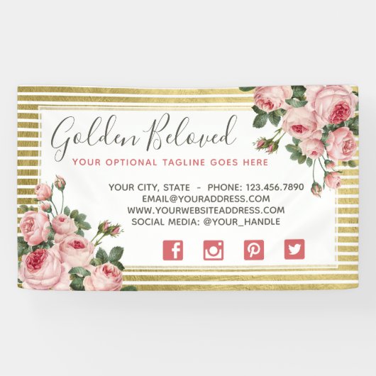 Shabby Chic Vintage Rose & Moderne Goldstreifen Banner (Horizontal)