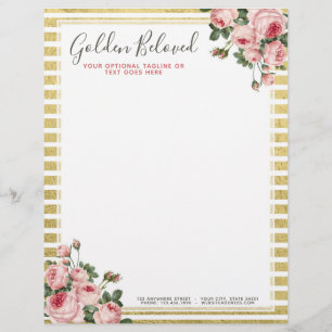 Shabby Chic-Vintage Rosen u. moderne Goldstreifen Briefbogen
