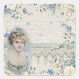 Shabby Chic Vintage Viktorianische Dame mit Blume Quadratischer Aufkleber