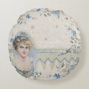 Shabby Chic Vintage viktorianische Dame mit Blumen Rundes Kissen