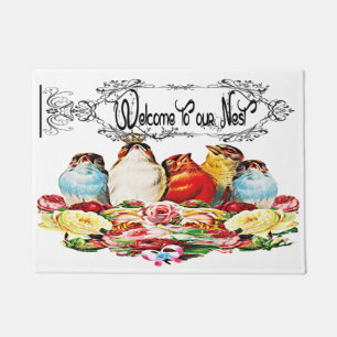Shabby Chic Vintage Vögel Willkommen in unserem N Fußmatte