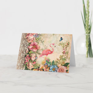 Shabby Chic Wasserfarben Blumen Flamingo Karte