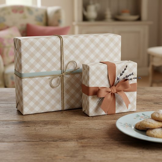 Shabby Chic White Light Taupe Beige Brown Gingham Geschenkpapier