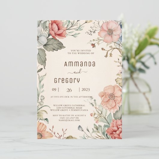 Shabby Chic Wildblume Einladung Hochzeit (Stehend Vorderseite)