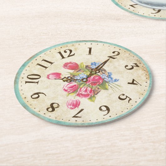 Shabby Clock mit Tulips Teezeremonie Party Unterse Runder Pappuntersetzer (Angewinkelt)