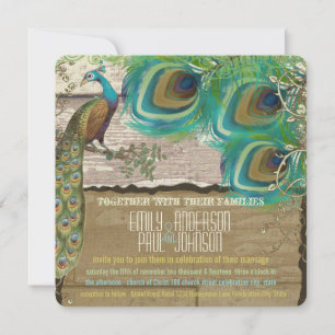 Shabby Country Peacock Vintag 3 Feathers Old Wood Einladung