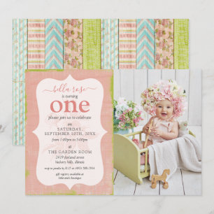Shabby Hütte Pink Rose Baby Girl Birthday Foto Einladung