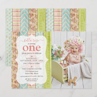 Shabby Hütte Pink Rose Baby Girl Birthday Foto Einladung