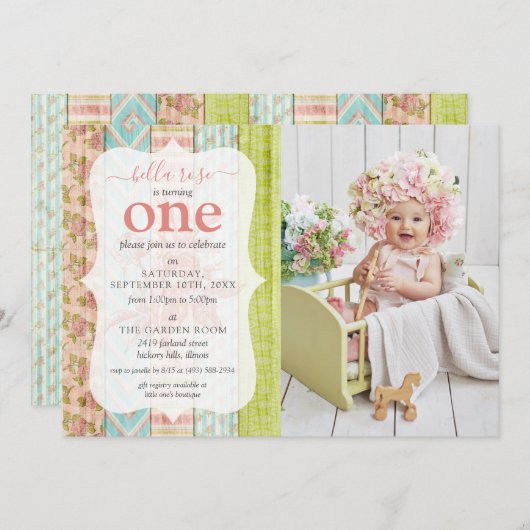 Shabby Hütte Pink Rose Baby Girl Birthday Foto Einladung (Vorne/Hinten)