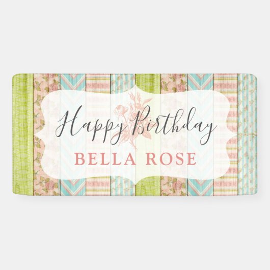 Shabby Hütte Pink Rose Baby Girl Happy Birthday Banner (Horizontal)