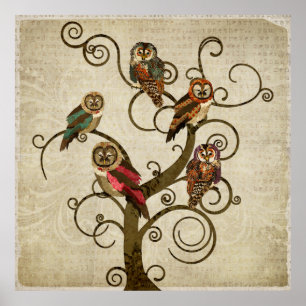 Shabby Owl Tree Art Poster