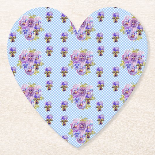 Shabby Pansy Floral Blue Gingham Drink Coasters Untersetzer (Vorderseite)
