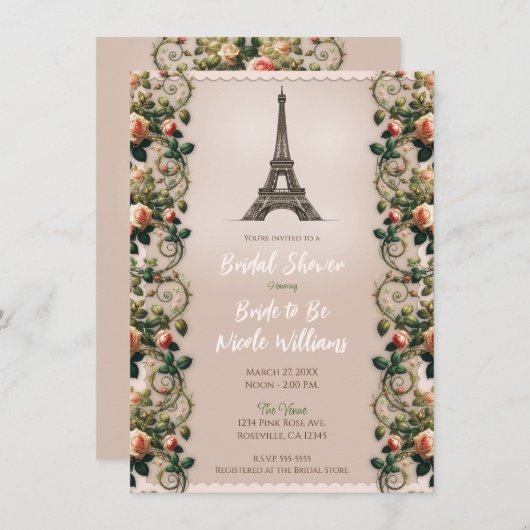 Shabby Pink Rose Vines Floral Bridal Teedusche Einladung (Vorne/Hinten)