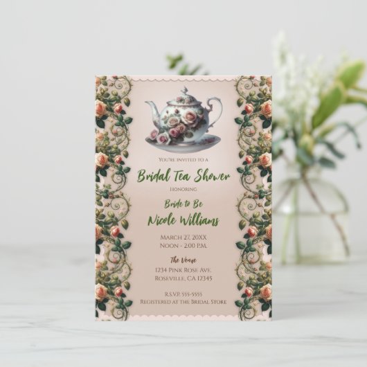 Shabby Pink Rose Vines Floral Bridal Teedusche Einladung (Stehend Vorderseite)