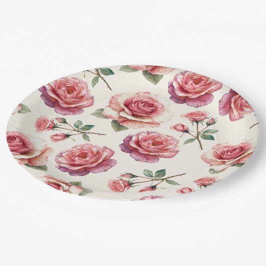 Shabby Pink Roses Forever Pappteller (Schrägansicht)
