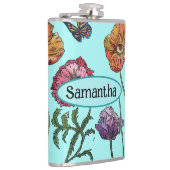 Shabby Poppy Red Lila auf Aqua Anpassungsname Flachmann (Rechts)